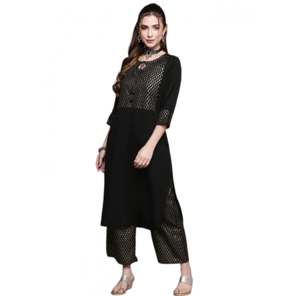 Amfyn Women's Casual Full Sleeve Ethnic Motifs Crepe Kurti and Palazzo Set (Black)