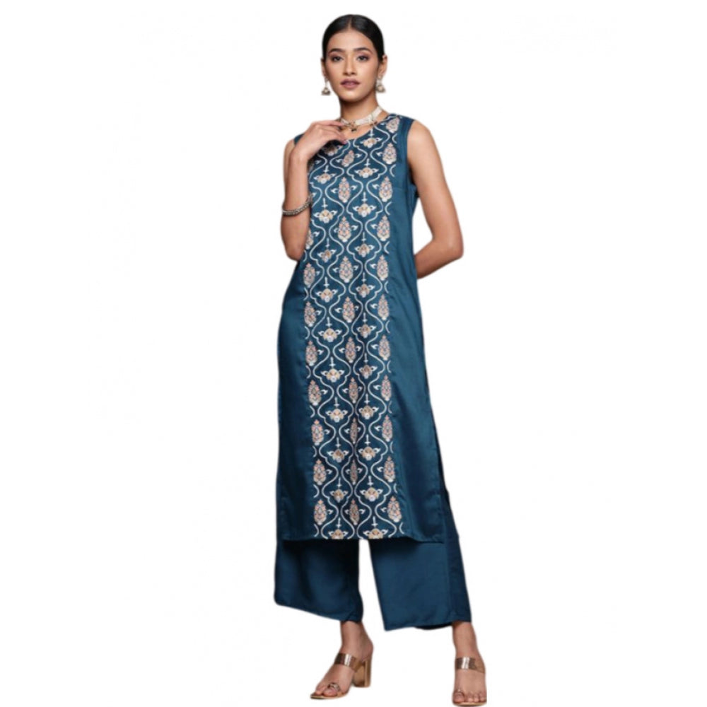 Amfyn Women's Casual Sleeveless Floral Printed Chinon Kurti and Palazzo Set (Teal Blue)