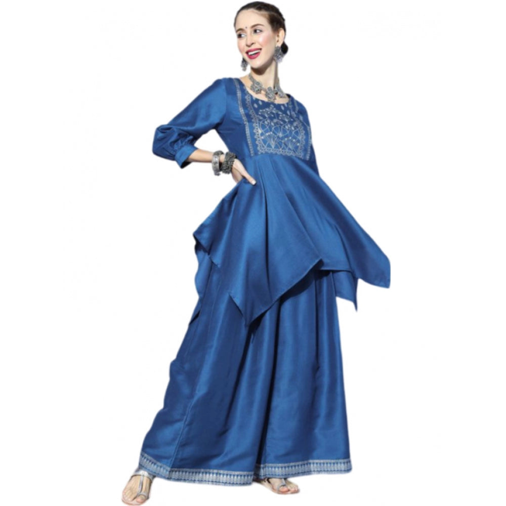 Amfyn Women's Casual 3-4Th Sleeve Floral Printed Chinon Kurti And Palazzo Set (Blue)