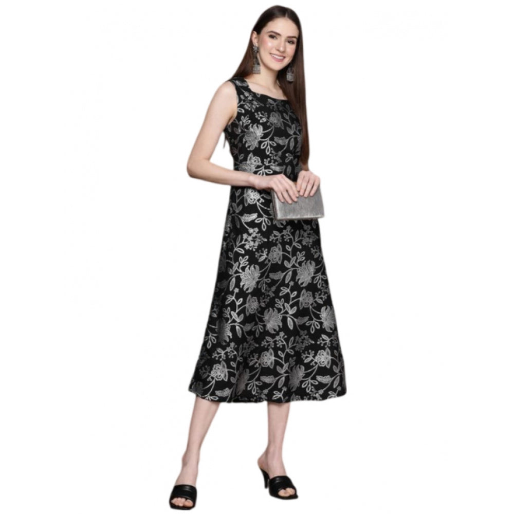 Amfyn Women's Casual Sleeveless Floral Printed Crepe Ethnic Dress (Black)