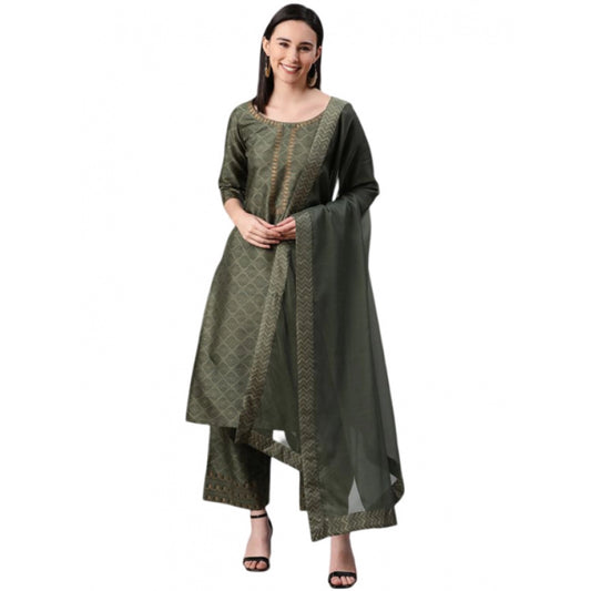 Amfyn Women's Casual 3-4Th Sleeve Ethnic Motifs Poly Silk KurtiPalazzo And Dupatta Set (Green)