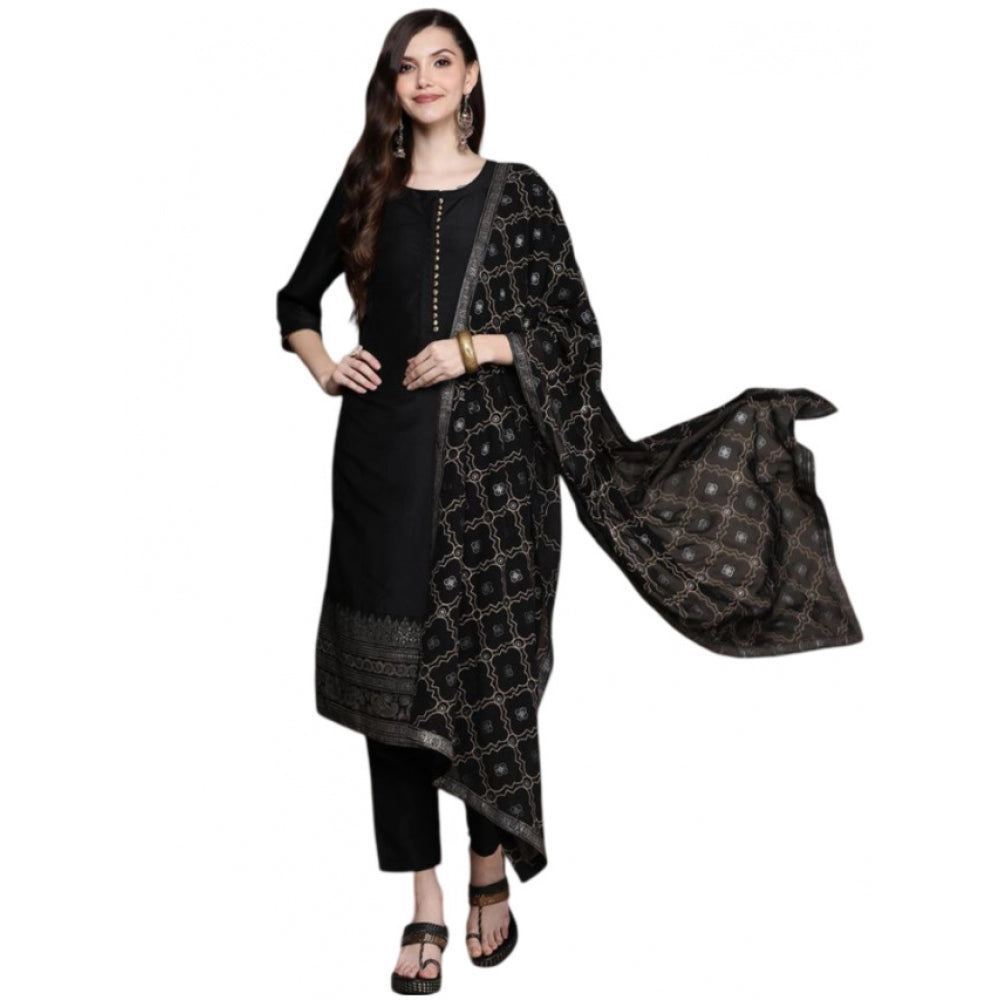 Amfyn Women's Casual 3-4Th Sleeve Border Crepe Kurti Pant And Dupatta Set (Black)