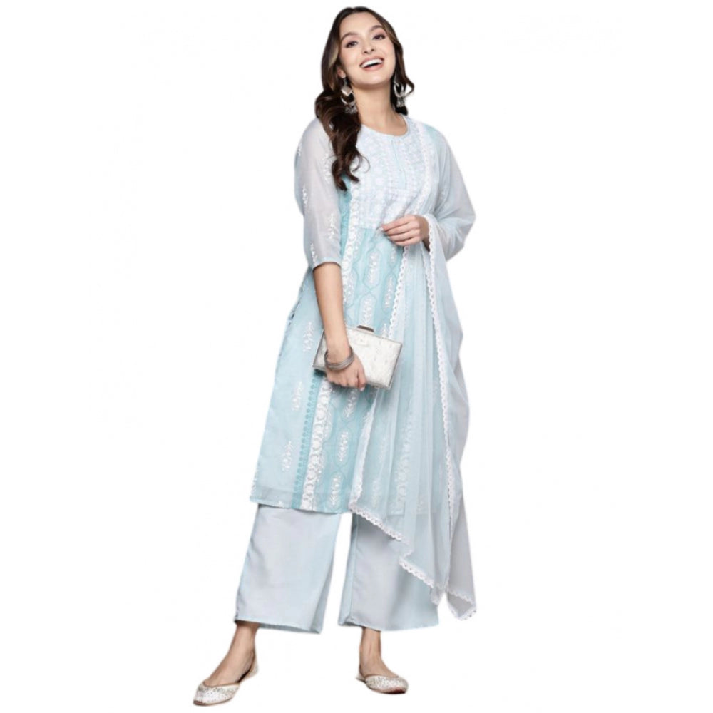 Amfyn Women's Casual 3-4Th Sleeve Floral Printed Chanderi Cotton Kurti Palazzo And Dupatta Set (Blue)