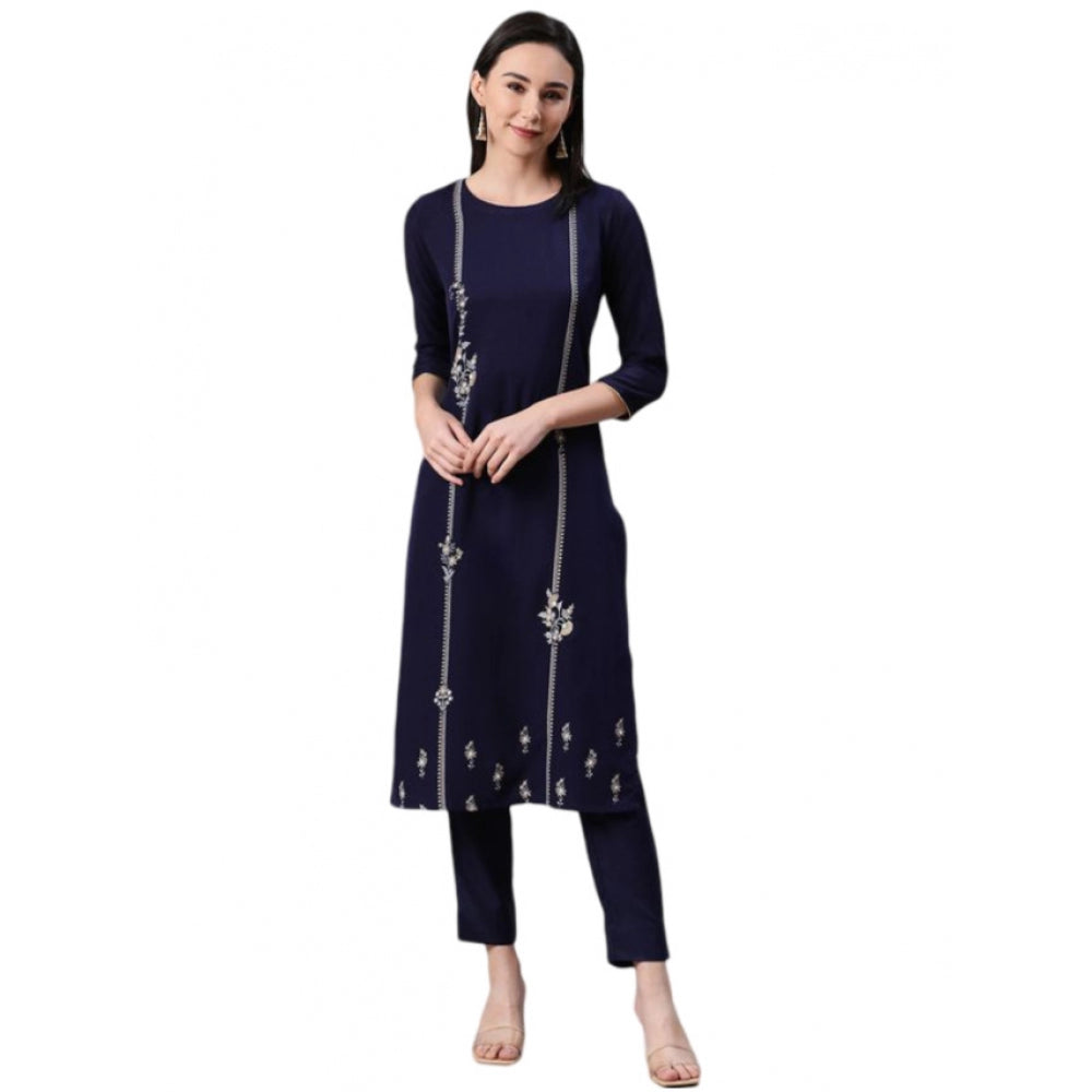 Amfyn Women's Casual 3-4Th Sleeve Floral Printed Rayon Kurti And Pant Set (Blue)