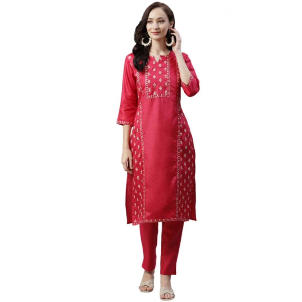 Amfyn Women's Casual 3-4Th Sleeve Floral Printed Poly Silk Kurti And Pant Set (Pink)