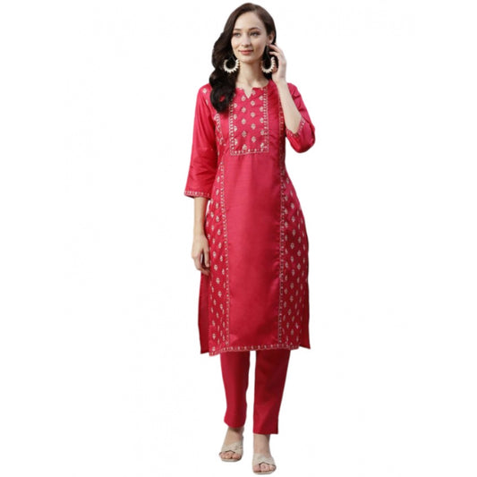 Amfyn Women's Casual 3-4Th Sleeve Floral Printed Poly Silk Kurti And Pant Set (Pink)