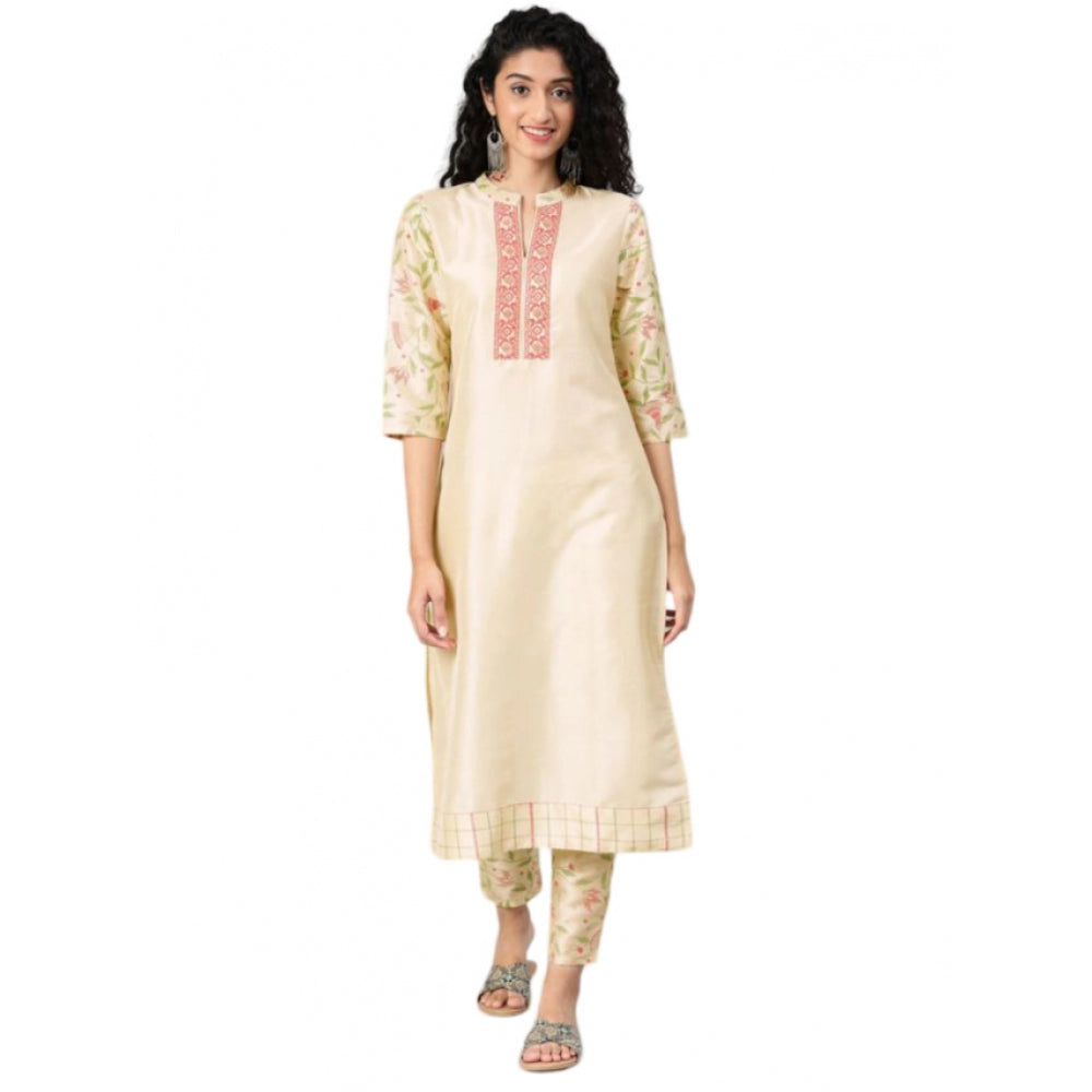 Amfyn Women's Casual 3-4Th Sleeve Solid Poly Silk Kurti and Pant Set (Cream)