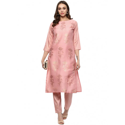Amfyn Women's Casual 3-4Th Sleeve Floral Printed Poly Silk Kurti and Pant Set (Pink)
