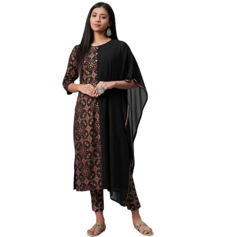 Amfyn Women's Casual Half Sleeve Ethnic Motifs Georgette &amp; Crepe Kurti and Pant Set (Black)