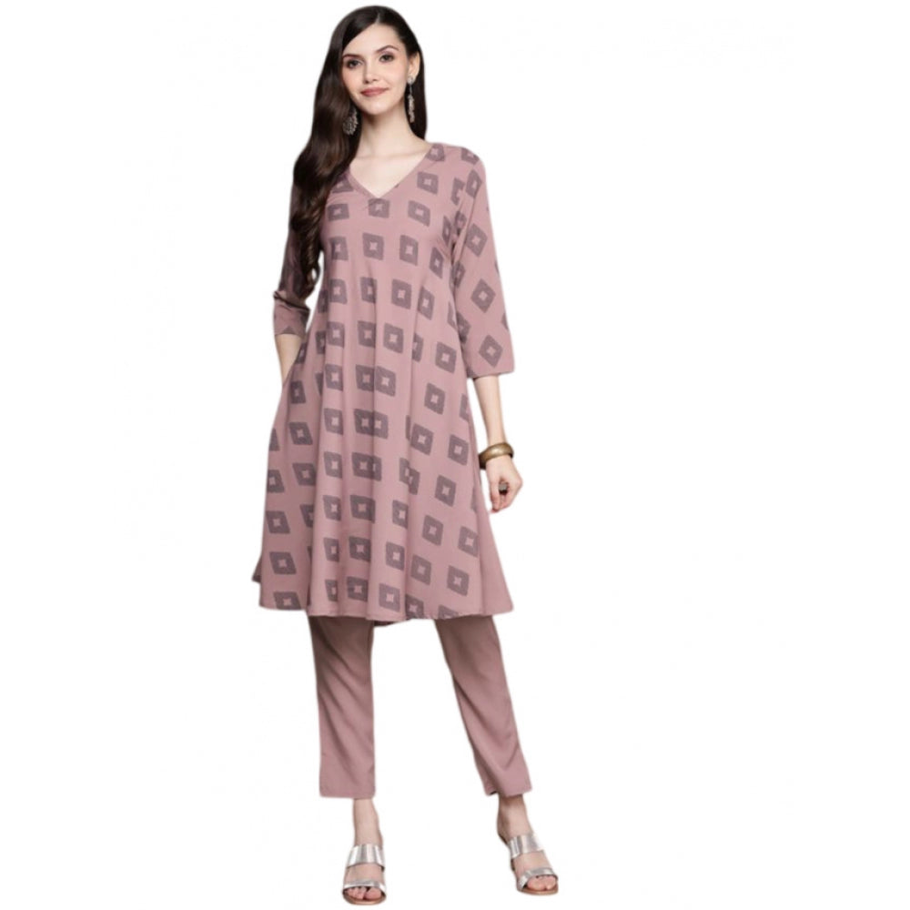 Amfyn Women's Casual 3-4Th Sleeve Ikkat Crepe Kurti And Pant Set (Brown)