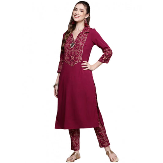 Amfyn Women's Casual 3-4Th Sleeve Geometric Crepe Kurti and Pant Set (Maroon)