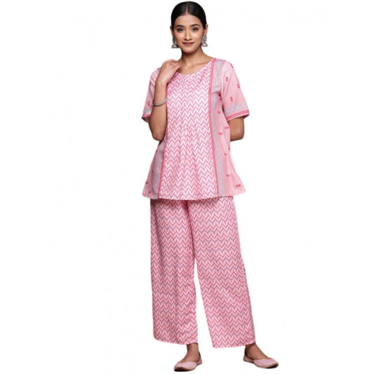 Amfyn Women's Casual Half Sleeve Geometric Rayon Kurti And Palazzo Set (Pink)
