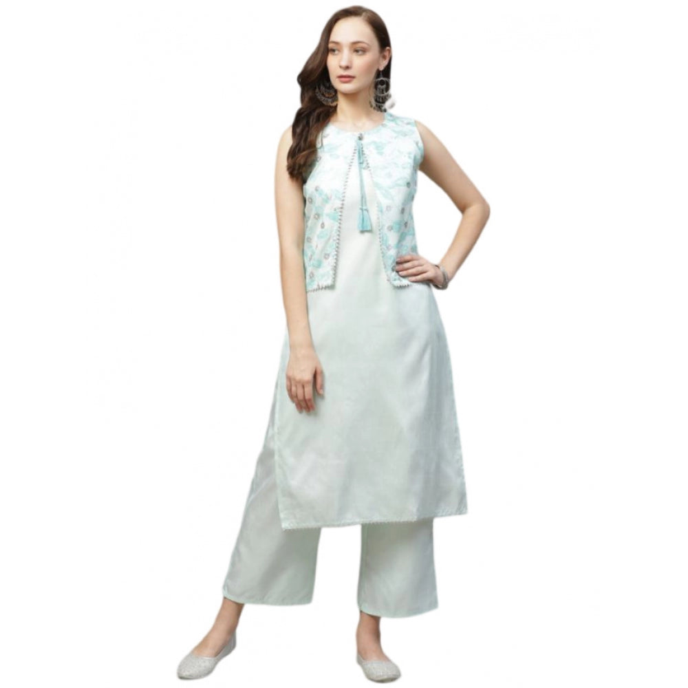 Amfyn Women's Casual Sleeveless Abstract Poly Silk Kurti and Palazzo Set (Mint Green)