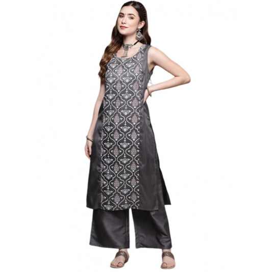 Amfyn Women's Casual Sleeveless Floral Printed Poly Silk Kurti and Palazzo Set (Dark Grey)