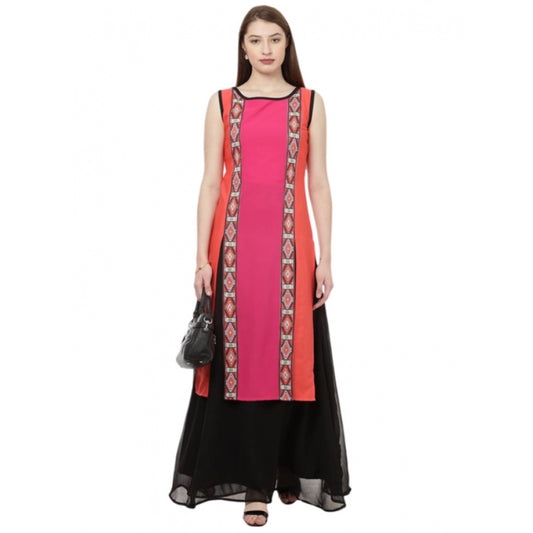 Amfyn Women's Casual Sleeveless Geometric Crepe Kurti (Pink)