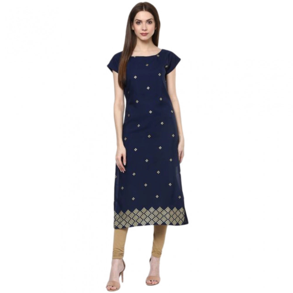 Amfyn Women's Casual Short Sleeves Floral Printed Crepe Kurti (Blue)