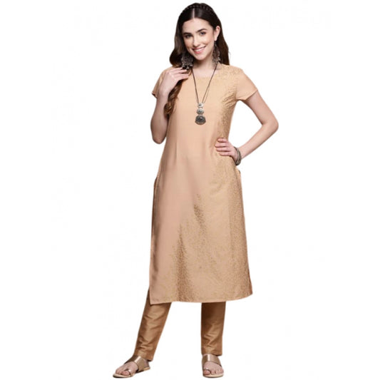 Amfyn Women's Casual Short Sleeves Floral Printed Crepe Kurti (Peach)