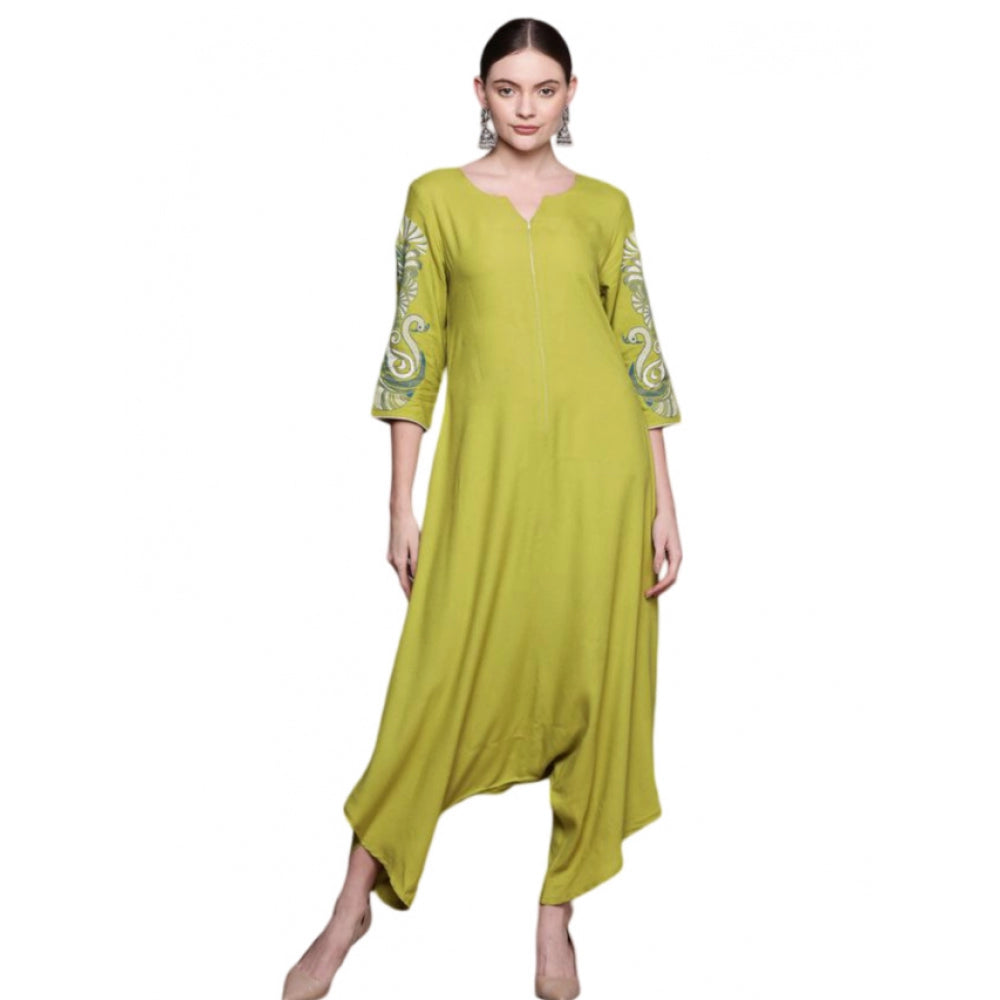 Amfyn Women's Casual 3-4Th Sleeve Peacock Mehandi Rayon Jumpsuit (Mehandi Green)