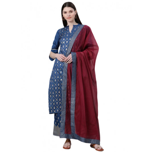 Amfyn Women's Casual 3-4Th Sleeve Floral Printed Poly Silk KurtiPalazzo And Dupatta Set (Blue)