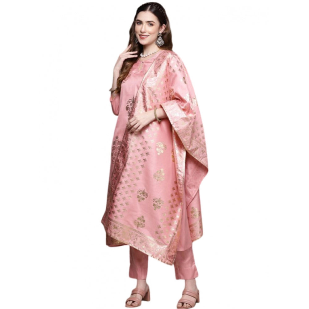Amfyn Women's Casual 3-4Th Sleeve Floral Printed Poly Silk Kurti Pant And Dupatta Set (Light Pink)