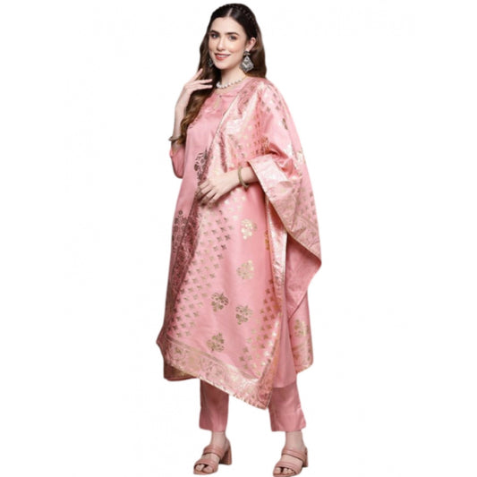 Amfyn Women's Casual 3-4Th Sleeve Floral Printed Poly Silk Kurti Pant And Dupatta Set (Light Pink)