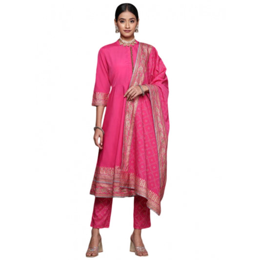 Amfyn Women's Casual 3-4Th Sleeve Ethnic Motifs Crepe Kurti Pant And Dupatta Set (Pink)