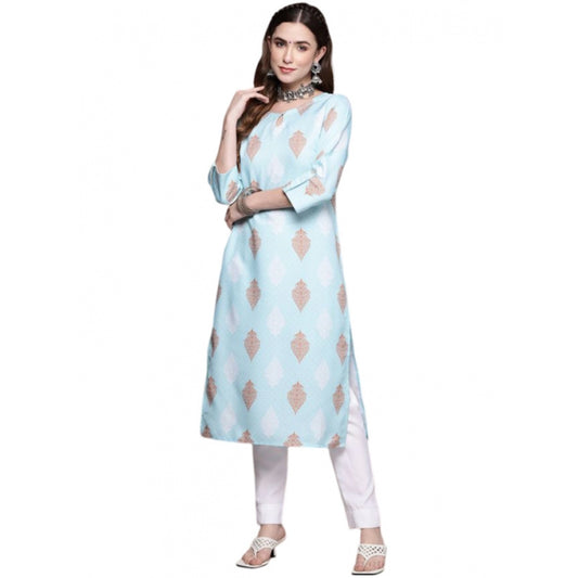 Amfyn Women's Casual 3-4Th Sleeve Ethnic Motifs Rayon Kurti And Pant Set (Sky Blue)