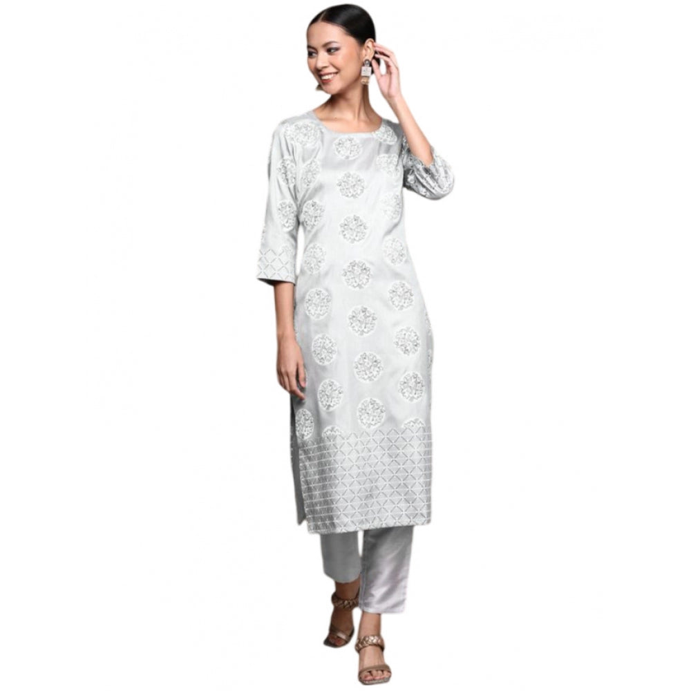 Amfyn Women's Casual 3-4Th Sleeve Floral Printed Poly Silk Kurti and Pant Set (Light Grey)