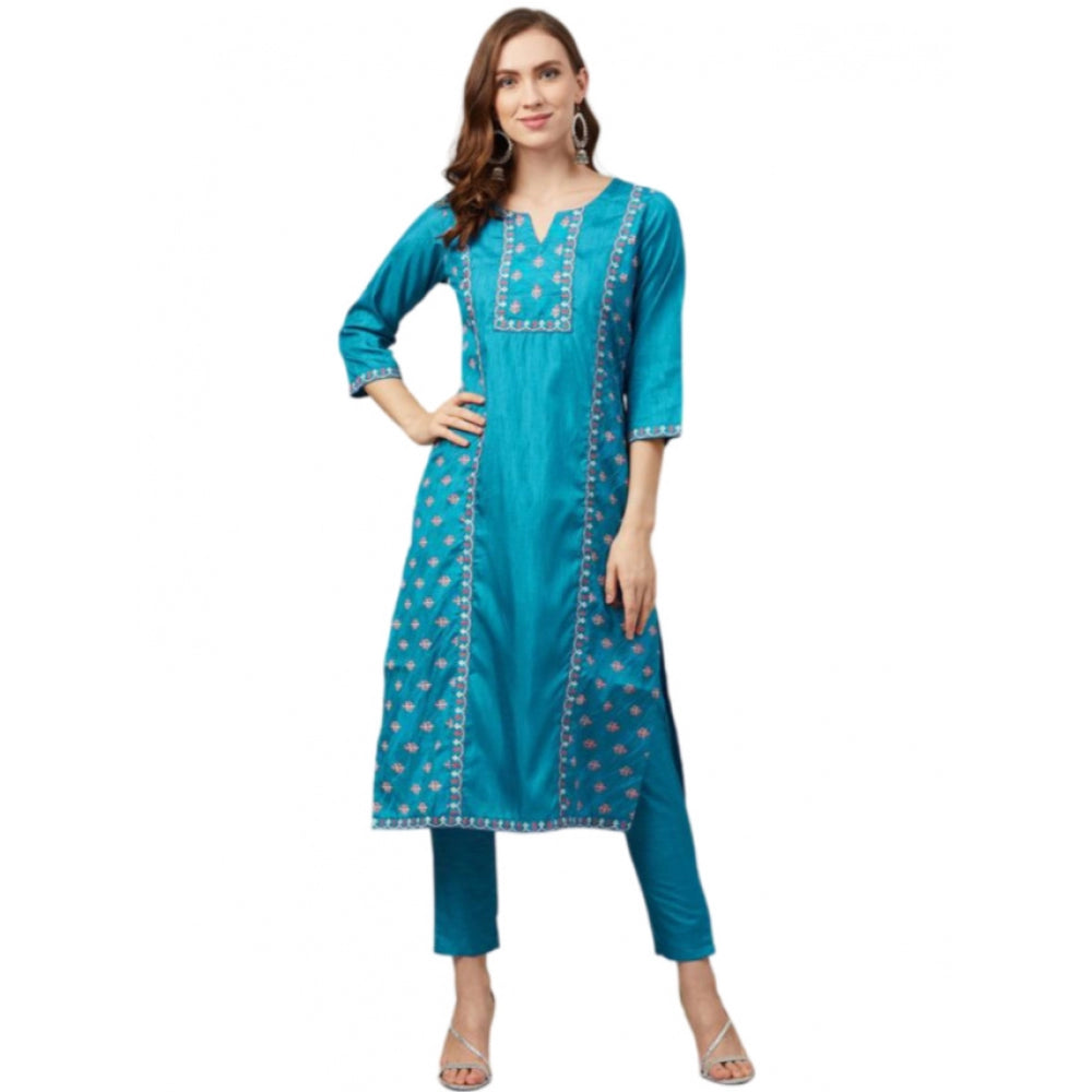 Amfyn Women's Casual 3-4Th Sleeve Floral Printed Poly Silk Kurti and Pant Set (Blue)