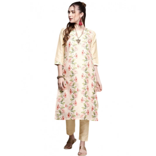 Amfyn Women's Casual 3-4Th Sleeve Floral Printed Poly Silk Kurti and Pant Set (Cream)