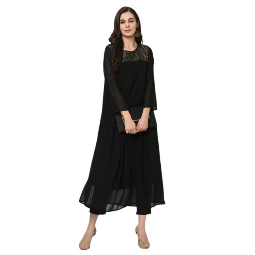 Amfyn Women's Casual 3-4Th Sleeve Geometric Georgette Kurti and Pant Set (Black)