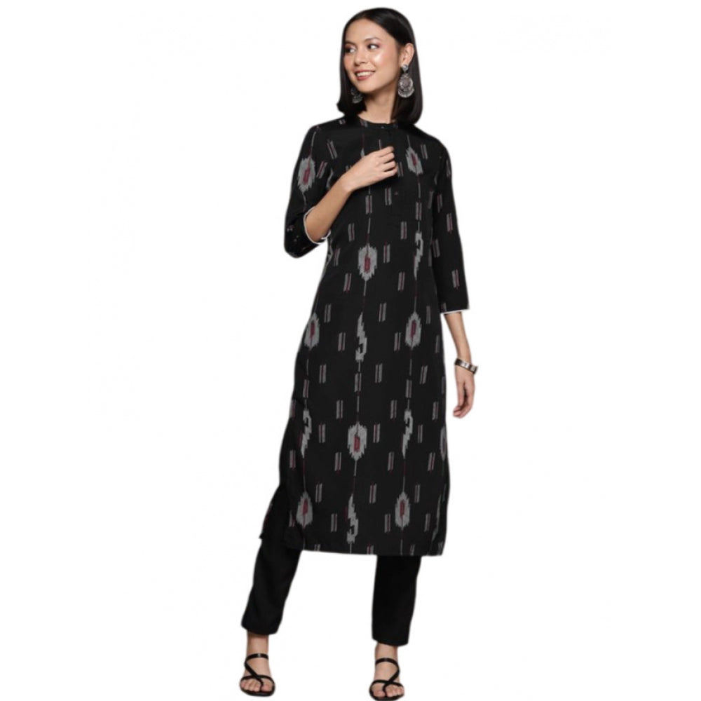 Amfyn Women's Casual 3-4Th Sleeve Ikkat Crepe Kurti And Pant Set (Black)