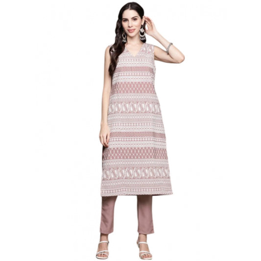 Amfyn Women's Casual Sleeveless Floral Printed Crepe Kurti And Pant Set (Light Wine)