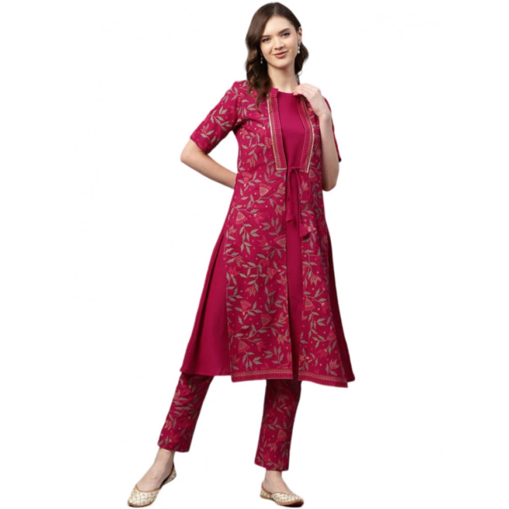Amfyn Women's Casual Half Sleeve Floral Printed Crepe Kurti And Pant Set (Pink)