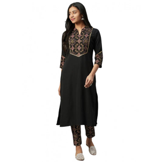 Amfyn Women's Casual 3-4Th Sleeve Geometric Crepe Kurti and Pant Set (Black)