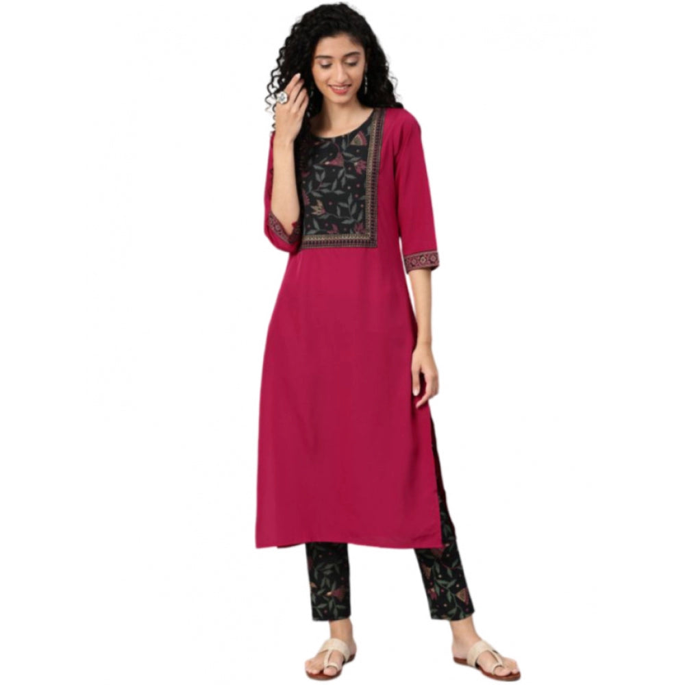 Amfyn Women's Casual 3-4Th Sleeve Floral Printed Crepe Kurti and Pant Set (Pink)