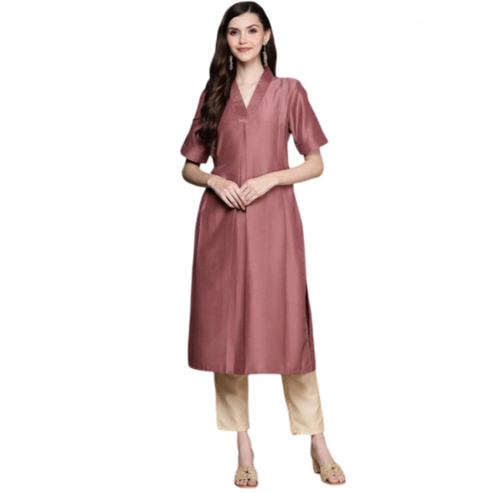 Amfyn Women's Casual Half Sleeve Solid Chinon Kurti And Pant Set (Brown)