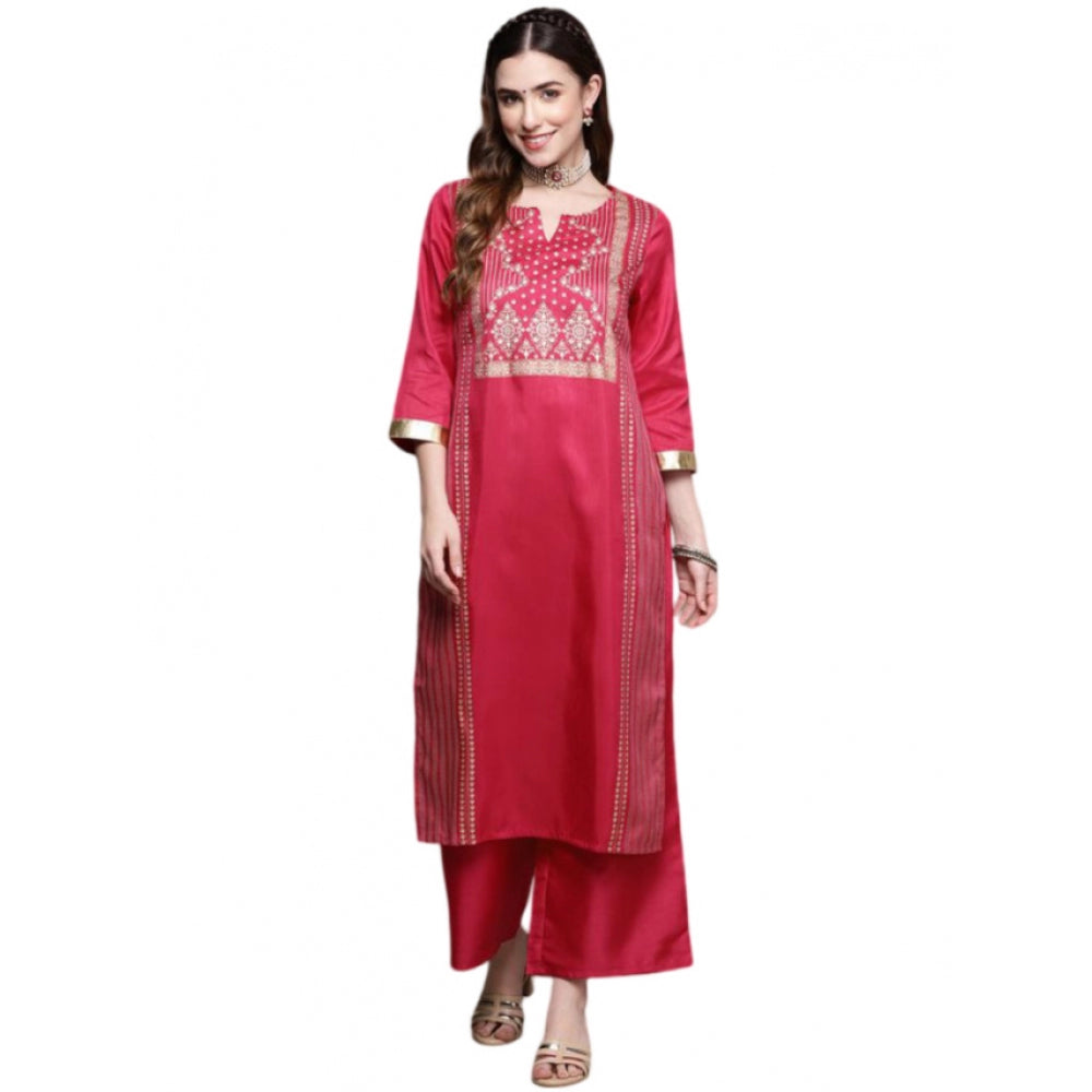 Amfyn Women's Casual 3-4Th Sleeve Ethnic Motifs Poly Silk Kurti And Palazzo Set (Pink)