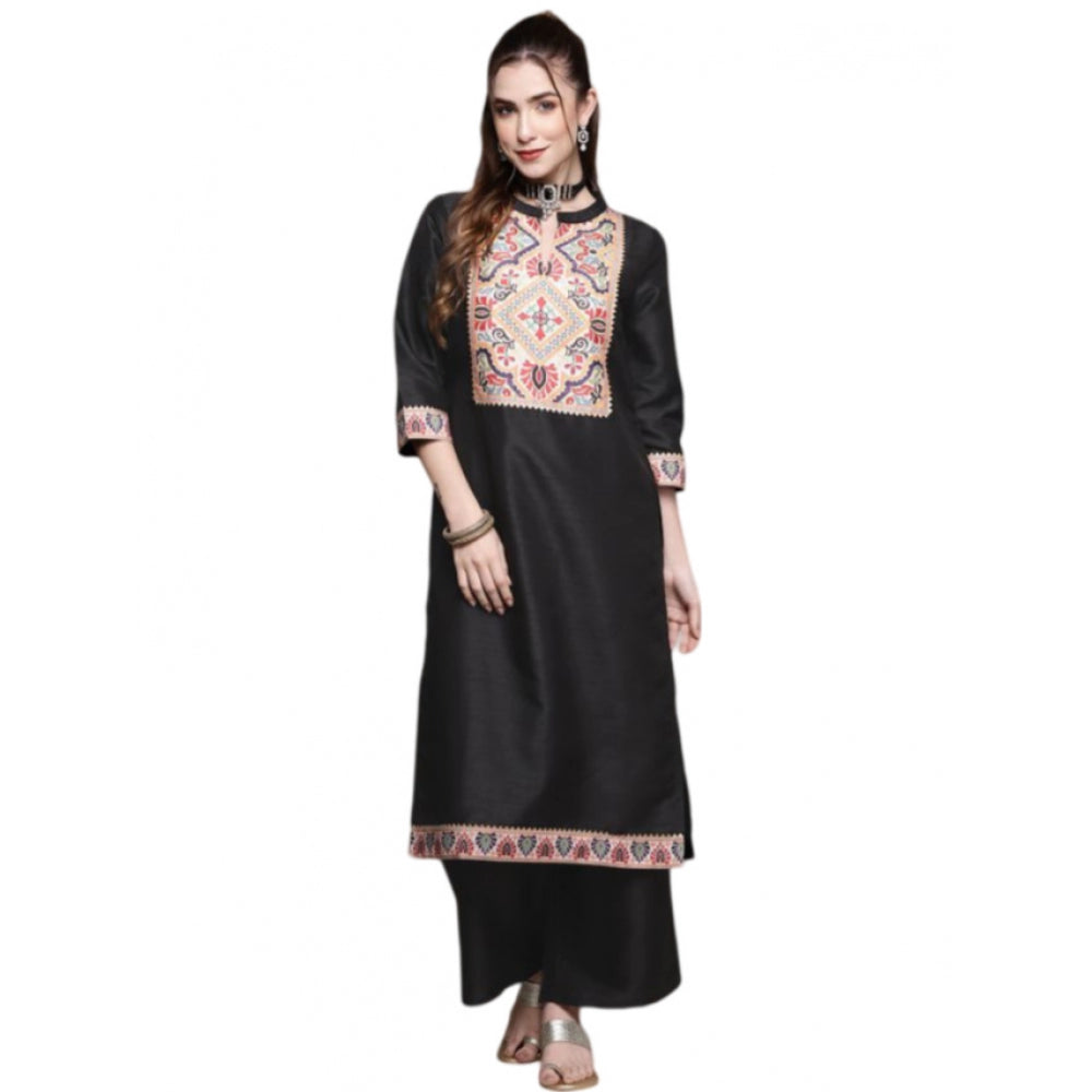 Amfyn Women's Casual 3-4Th Sleeve Floral Printed Poly Silk Kurti and Palazzo Set (Black)
