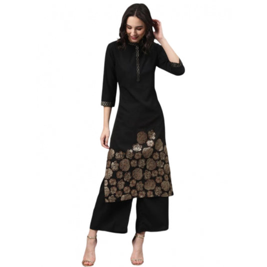 Amfyn Women's Casual 3-4Th Sleeve Ethnic Motifs Crepe Kurti And Palazzo Set (Black)