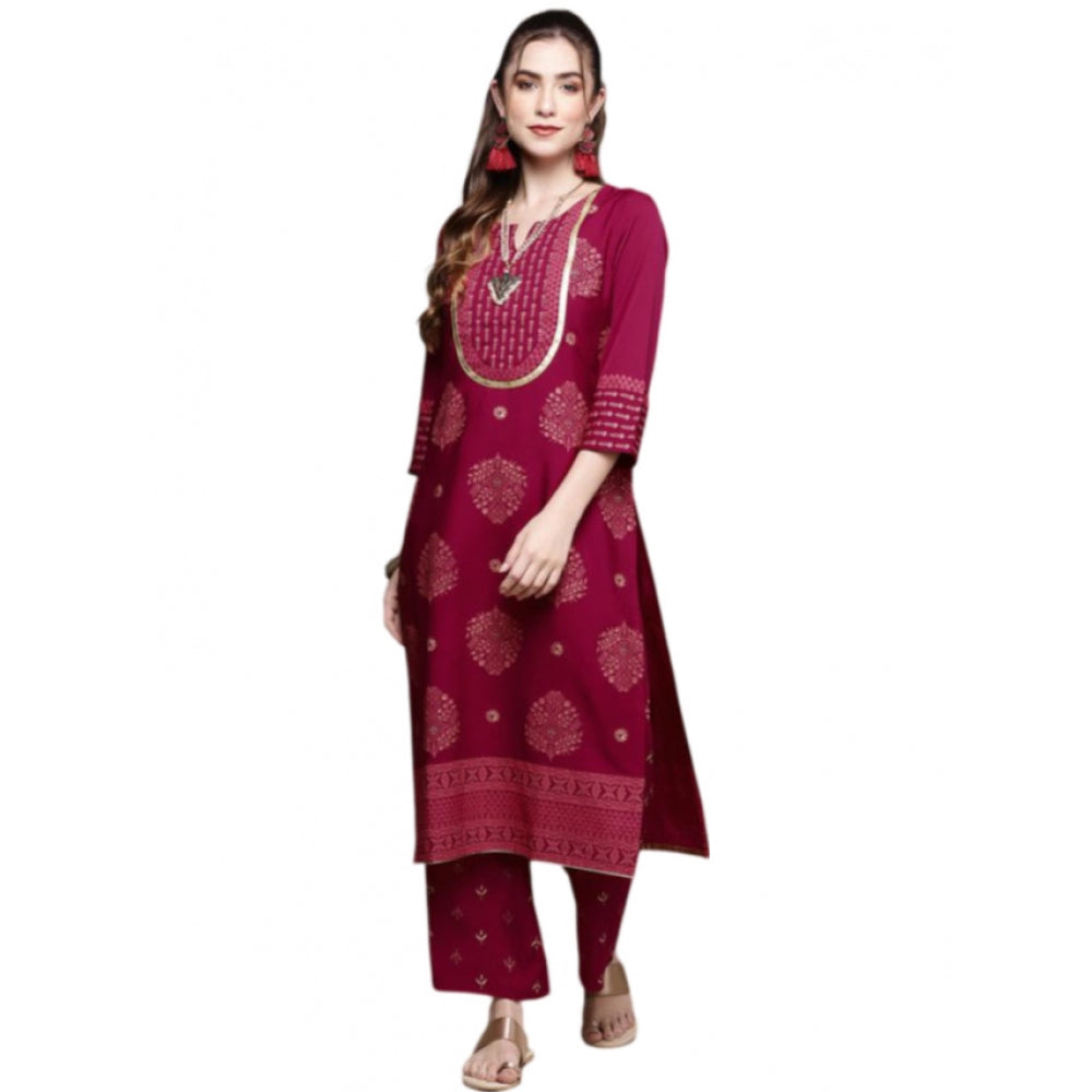 Amfyn Women's Casual 3-4Th Sleeve Floral /Ethnic Motifs Crepe Kurti And Palazzo Set (Dark Pink)