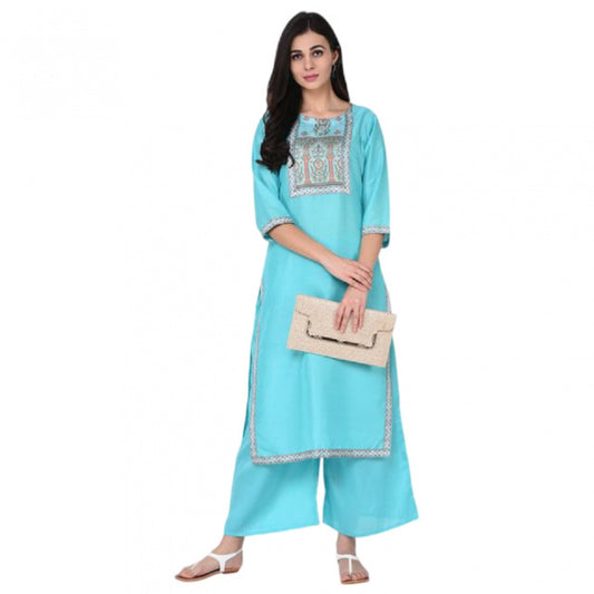 Amfyn Women's Casual 3-4Th Sleeve Floral Printed Poly Silk Kurti and Palazzo Set (Blue)