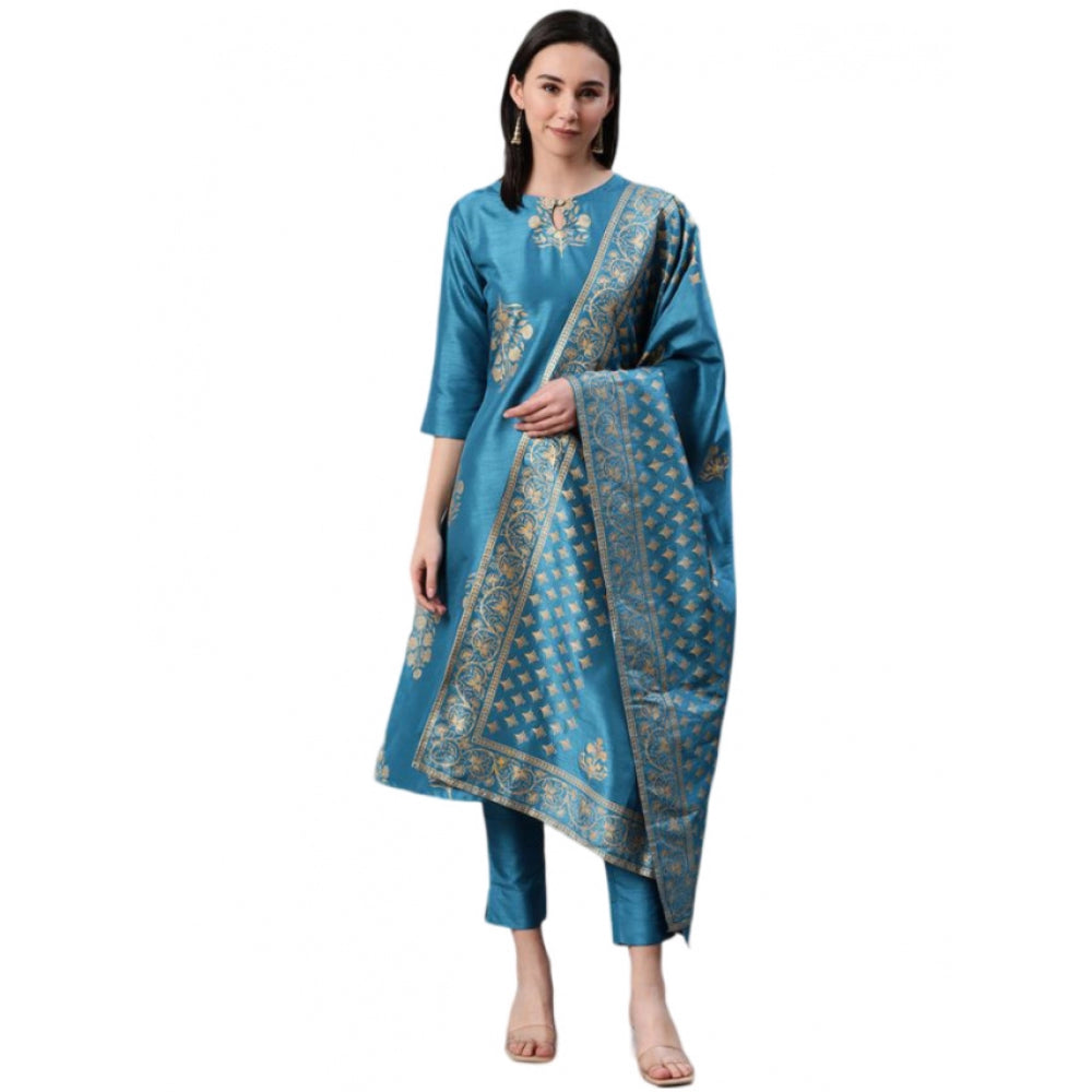 Amfyn Women's Casual 3-4Th Sleeve Ethnic Motifs Poly Silk Kurti Pant And Dupatta Set (Blue)