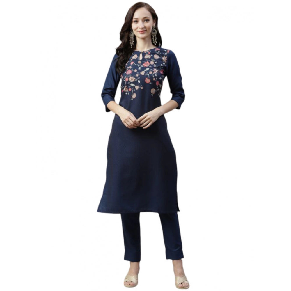 Amfyn Women's Casual 3-4Th Sleeve Floral Printed Rayon Kurti And Pant Set (Navy Blue)