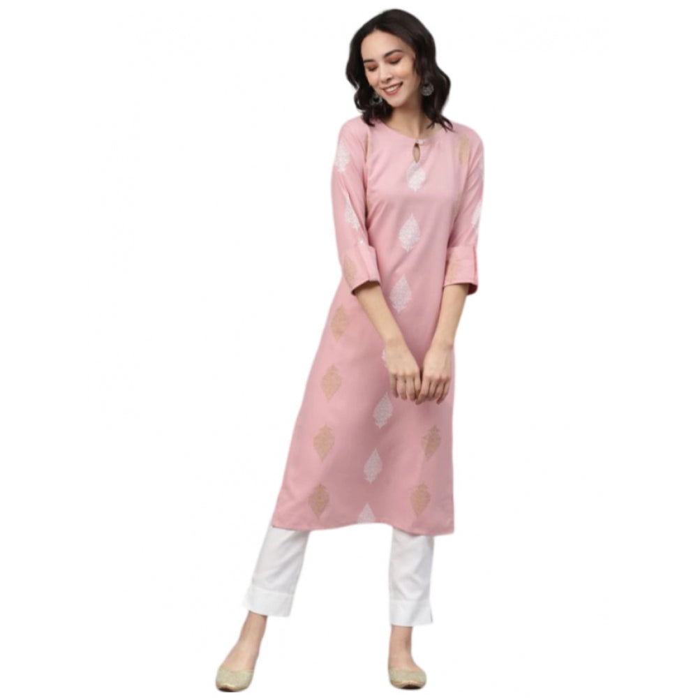 Amfyn Women's Casual 3-4Th Sleeve Ethnic Motifs Rayon Kurti And Pant Set (Pink)