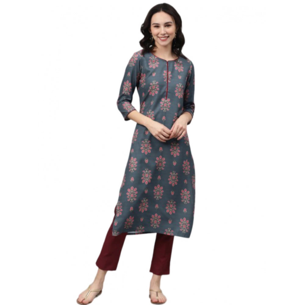 Amfyn Women's Casual 3-4Th Sleeve Floral Printed Rayon Kurti And Pant Set (Grey)