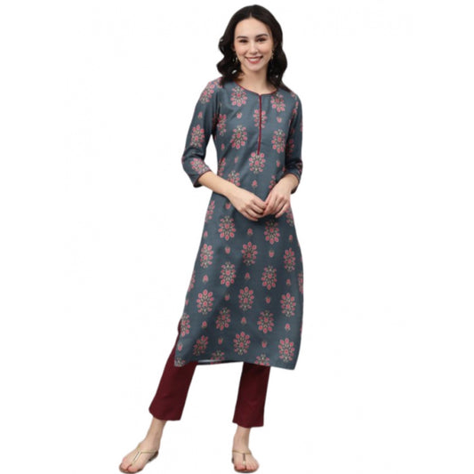 Amfyn Women's Casual 3-4Th Sleeve Floral Printed Rayon Kurti And Pant Set (Grey)