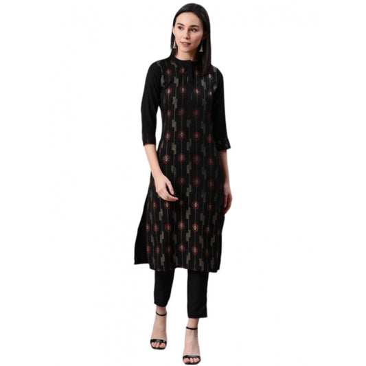 Amfyn Women's Casual 3-4Th Sleeve Ethnic Motifs Rayon Kurti And Pant Set (Black)