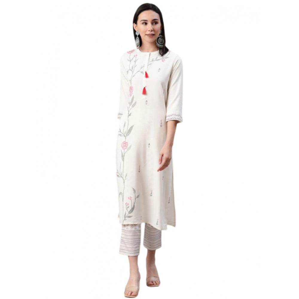 Amfyn Women's Casual 3-4Th Sleeve Floral Printed Rayon Kurti And Pant Set (Cream)