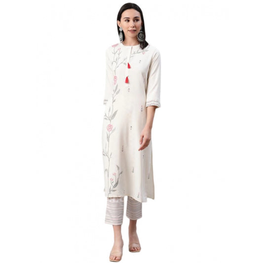 Amfyn Women's Casual 3-4Th Sleeve Floral Printed Rayon Kurti And Pant Set (Cream)